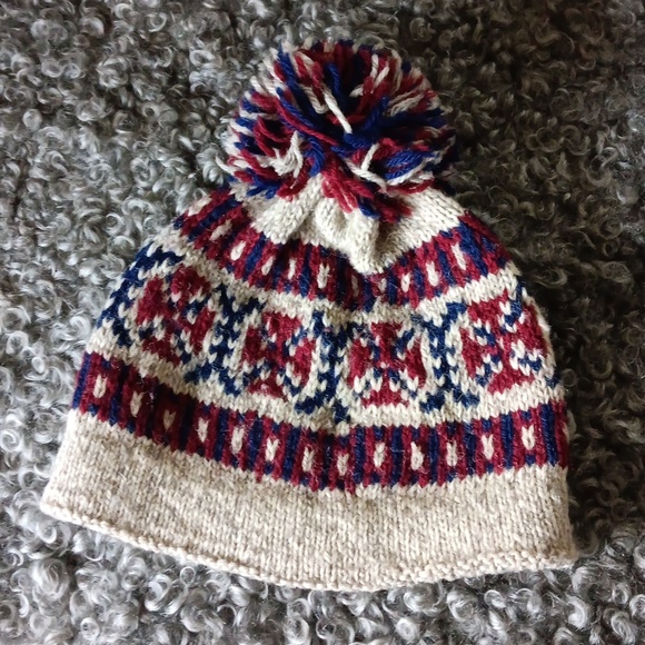 Handknit Wool Pom-Pom Hat for Kids -Burgundy, Blue, and Cream - Picture 4 of 6